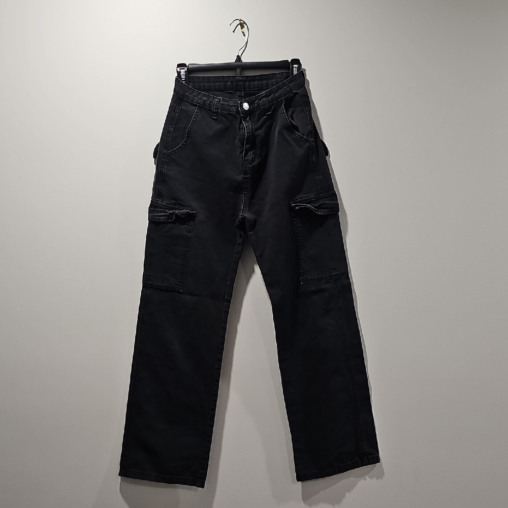 SHEIN Black Cargo High-Waist Straight Leg Jeans